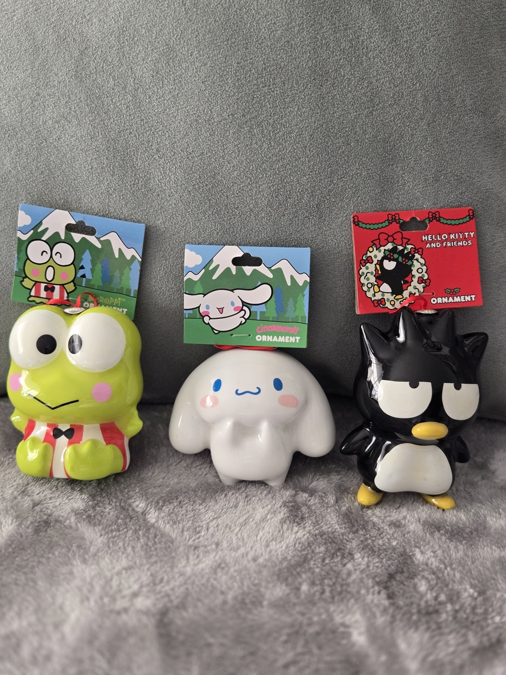 Sanrio Keroppi Green, Cinnamoroll White & Badtz-Maru Black Vinyl Ornament Trio